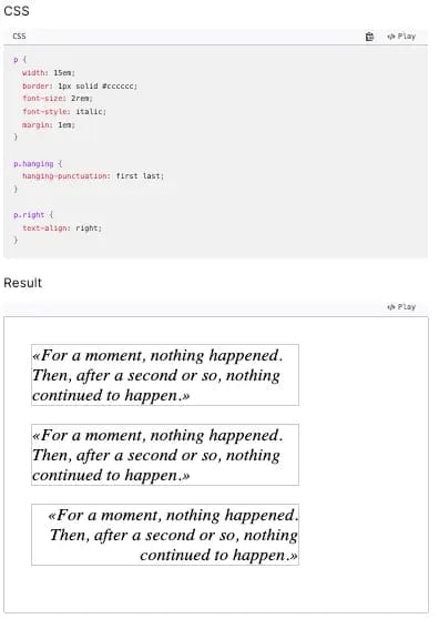 CSS hanging-punctuation property example showing punctuation alignment outside text box
