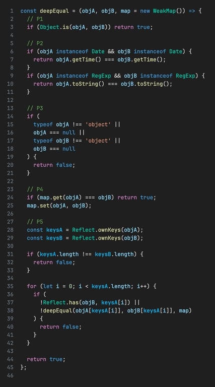 Perfect deep equal implementation code with circular reference handling and WeakMap usage