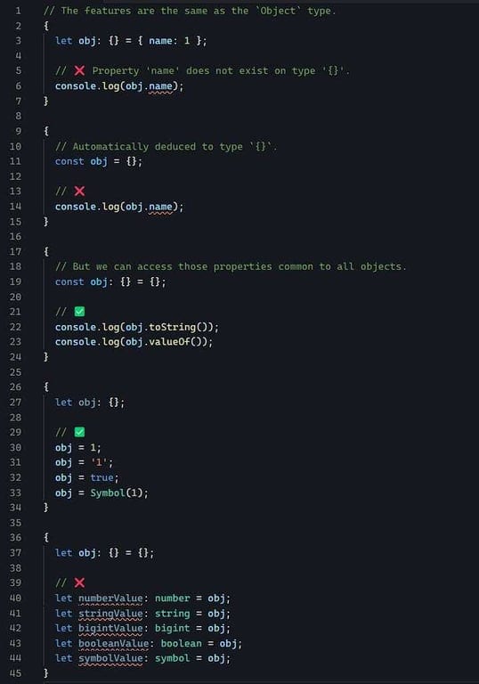 TypeScript empty object type {} example showing property access restrictions