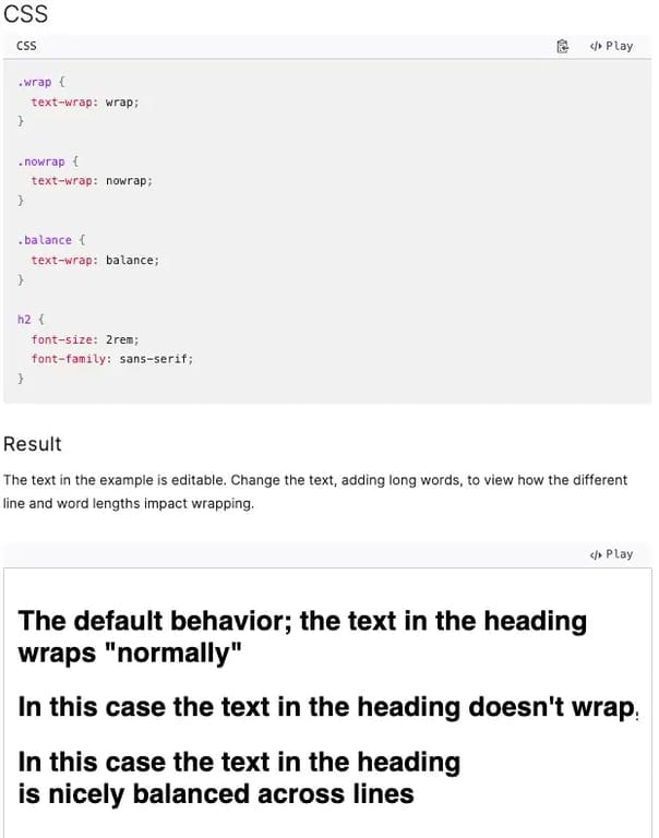 CSS text-wrap property example demonstrating balance and pretty line-breaking modes