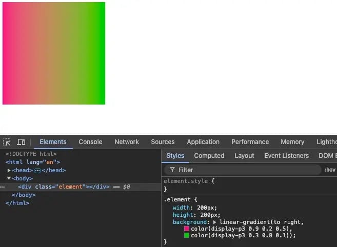 CSS interpolation color spaces example showing display-p3 gradient for wide-gamut displays