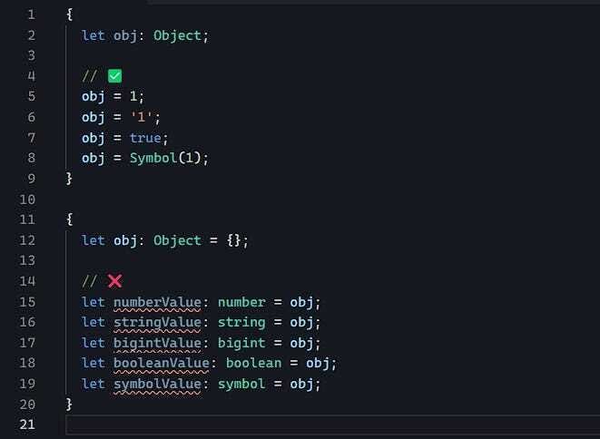 TypeScript Object type assignment example with boxable types like string, boolean, and number