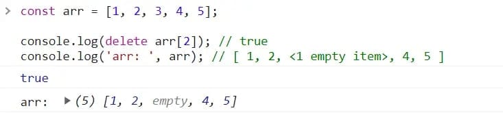 JavaScript delete operator example showing array element deletion creating empty slots