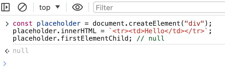 JavaScript innerHTML limitation example showing invalid HTML node creation failure