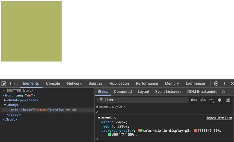 CSS color-mix function example demonstrating color blending in display-p3 color space