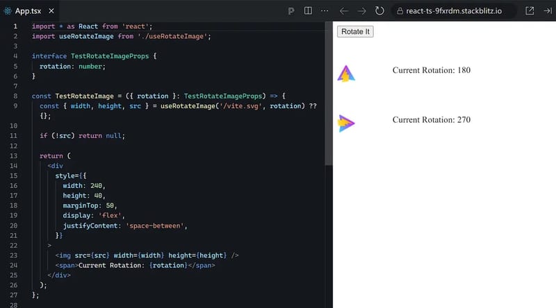 React image rotation hook live demo showing image rotation at different angles with canvas manipulation