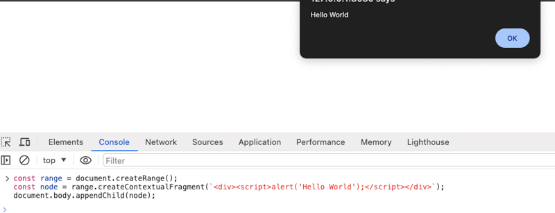 JavaScript Range.createContextualFragment security warning showing script execution in HTML strings