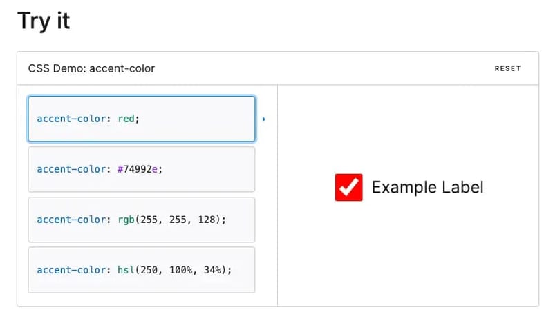 CSS accent-color property example showing custom checkbox and radio button colors