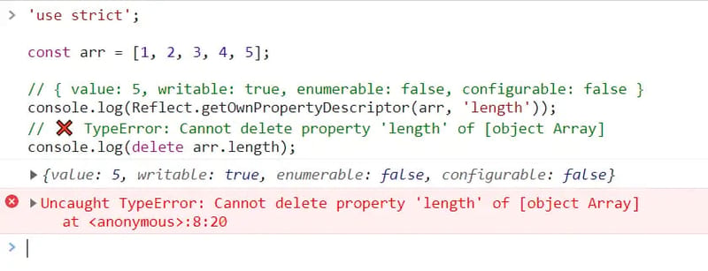 JavaScript delete operator example showing TypeError when attempting to delete array length property