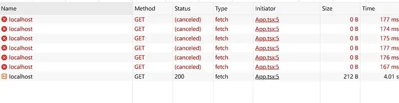 React sequential request hook demonstration showing automatic cancellation of previous requests