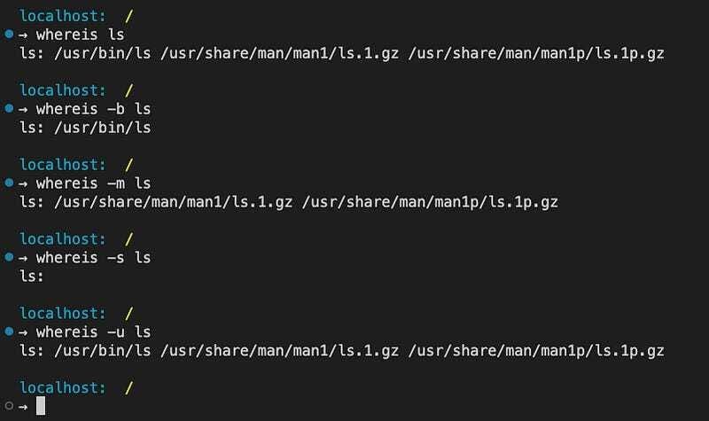Linux whereis command example showing binary, manual, and source file search results