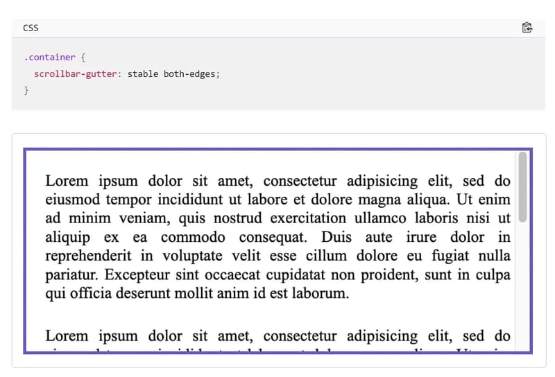 CSS scrollbar-gutter property example showing reserved space for scrollbar to prevent layout shift