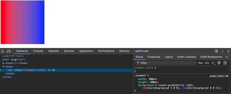 CSS color function example showing display-p3 color space gradient from red to blue