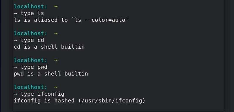Linux type command output showing built-in vs external command differences
