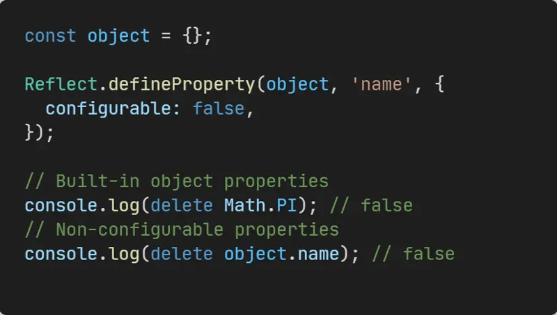 JavaScript delete operator example showing non-configurable property deletion failure in non-strict mode