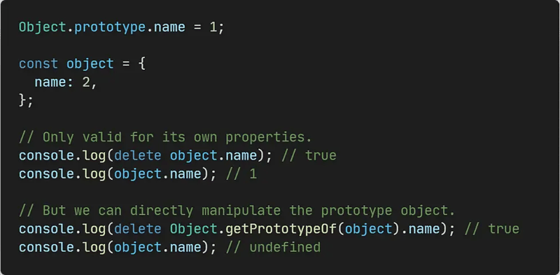 JavaScript delete operator example showing own property deletion vs prototype chain properties