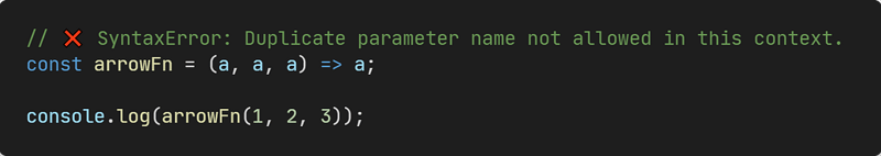 JavaScript arrow function duplicate parameters error showing strict mode requirement