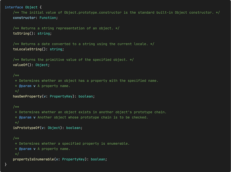 TypeScript Object type definition showing common properties like toString and valueOf methods
