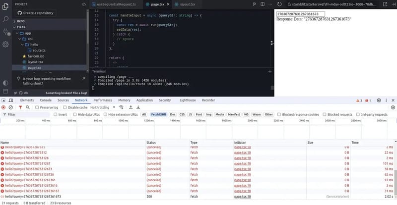 Optimized React sequential request hook example with input field and real-time data fetching