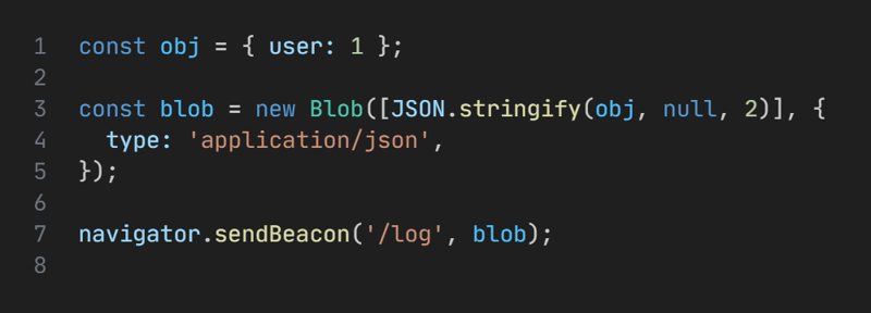 Navigator.sendBeacon with Blob example showing custom request headers and content type