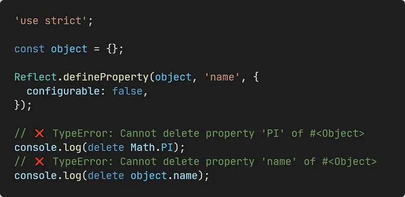 JavaScript delete operator example showing TypeError when deleting non-configurable property in strict mode