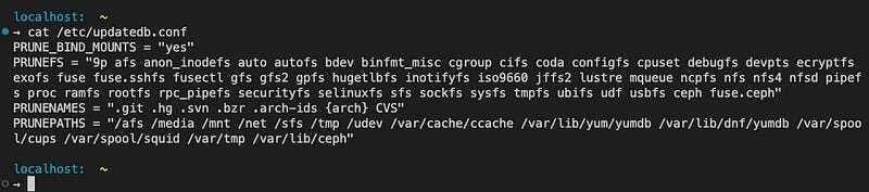 Linux updatedb.conf configuration file showing file system search exclusions and pruning settings