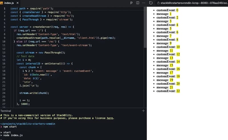Server-Sent Events code example demonstrating EventSource API implementation in Node.js